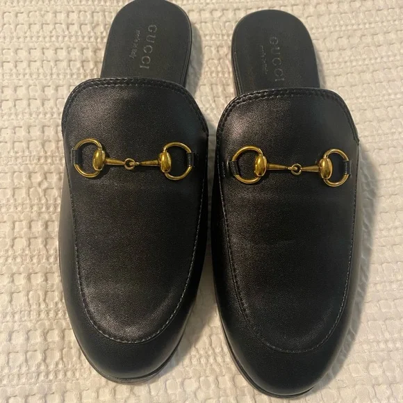 Black Leather Mules with Gold Accents - Picture 2 of 4